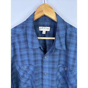 Orvis Short Sleeve Button Up Shirt Size XL Blue Plaid 2 Pocket Gorpcore Fishing